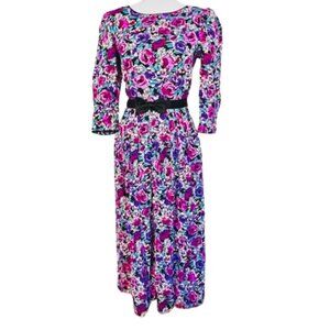 Vintage Lanz Cottagecore Floral Puff Sleeve Rayon Midi Dress XS